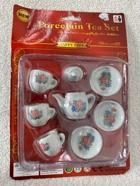 Vintage Happy Time Mini Porcelain Tea Set Toy Rose Floral Dollhouse Scale NWT